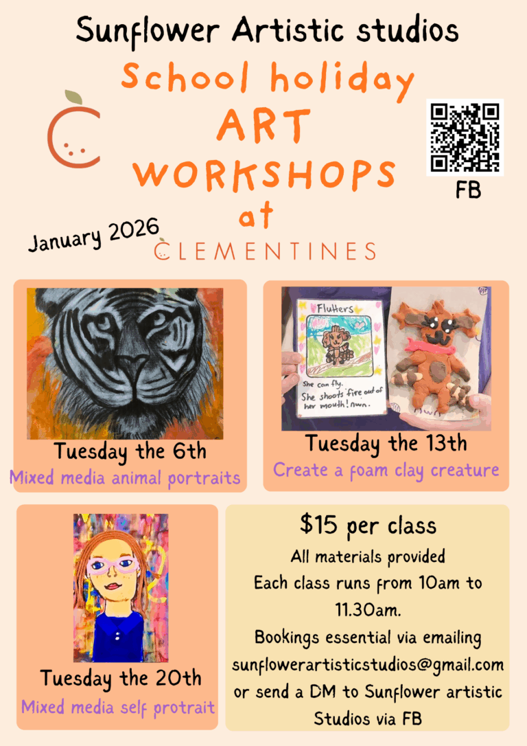 School holiday art workshops at Clementines Cafe